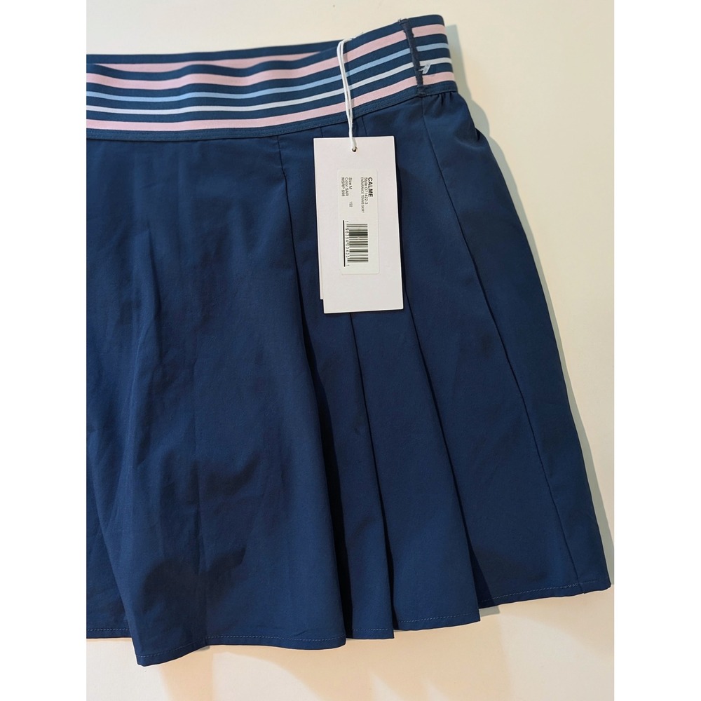NWT CALME by Johnny Was Navy Pleated Tennis Skirt Striped Waistband Medium - Picture 2 of 9